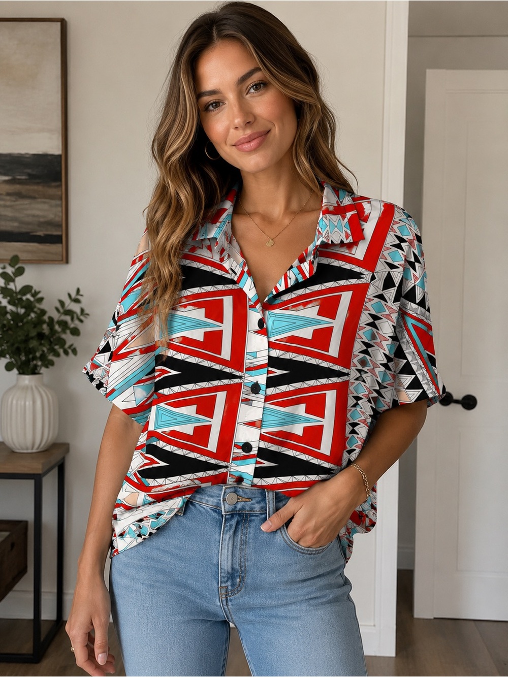 Dress To Kill Geometric Print Short-Sleeve Button-Front Blouse - Red & Turquoise